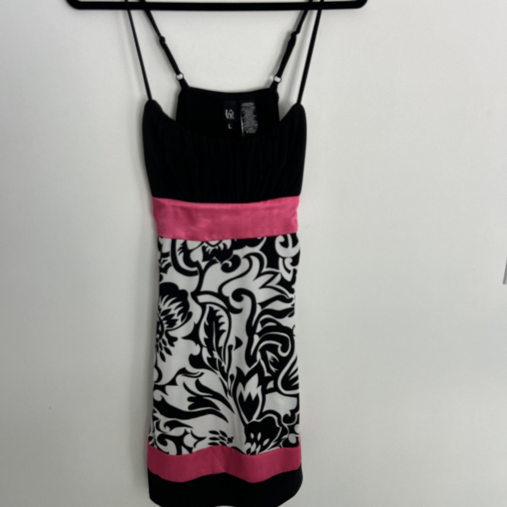 Love Dress Sz Large Black White Floral Hot Pink‎ Empire Waist Adjustable Strap